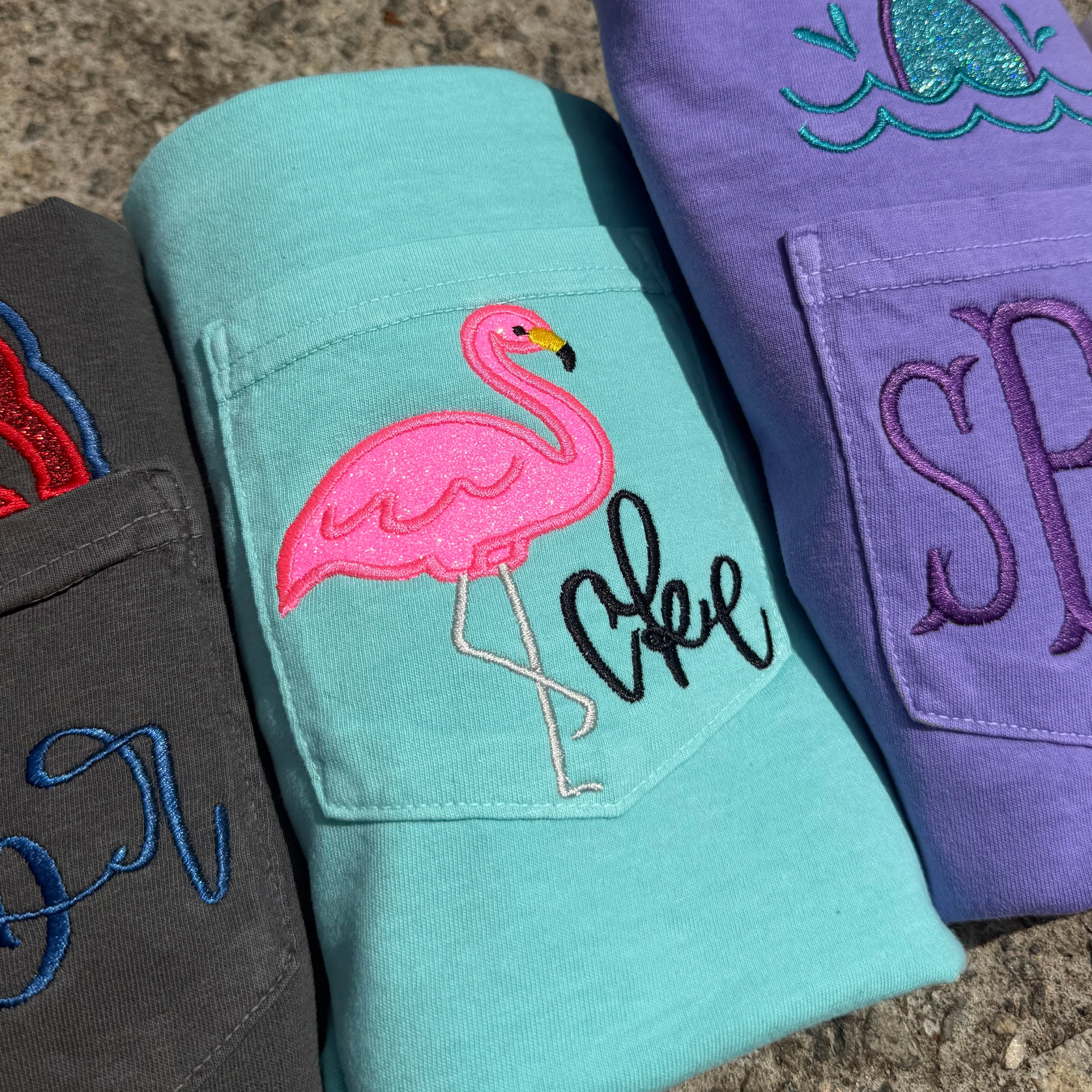 Personalized Flamingo Monogram Pocket Tee | Comfort Colors Pocket Shirt | Embroidered Flamingo Initial T-Shirt