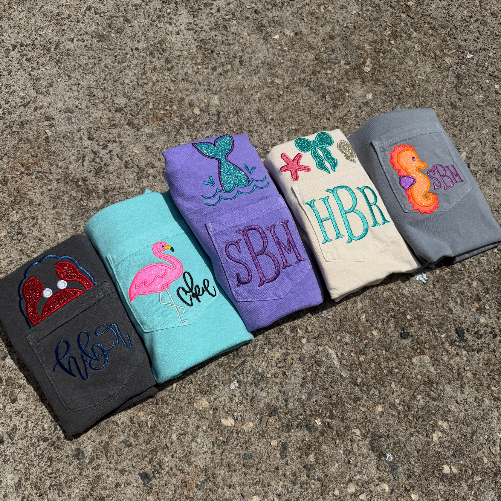 Personalized Coastal Monogram Pocket Tee | Comfort Colors Pocket Shirt | Beach Embroidered Initial T-Shirt