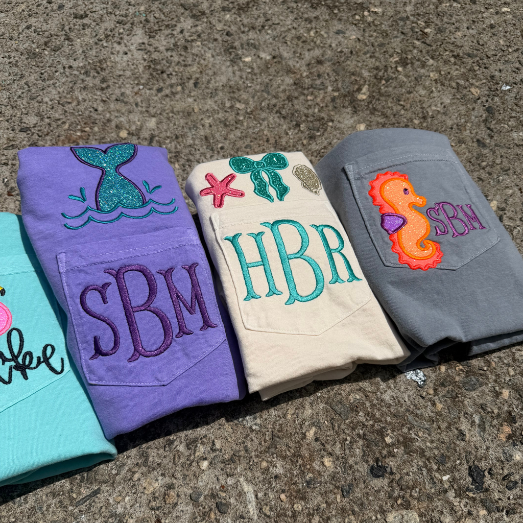 Personalized Coastal Monogram Pocket Tee | Comfort Colors Pocket Shirt | Beach Embroidered Initial T-Shirt