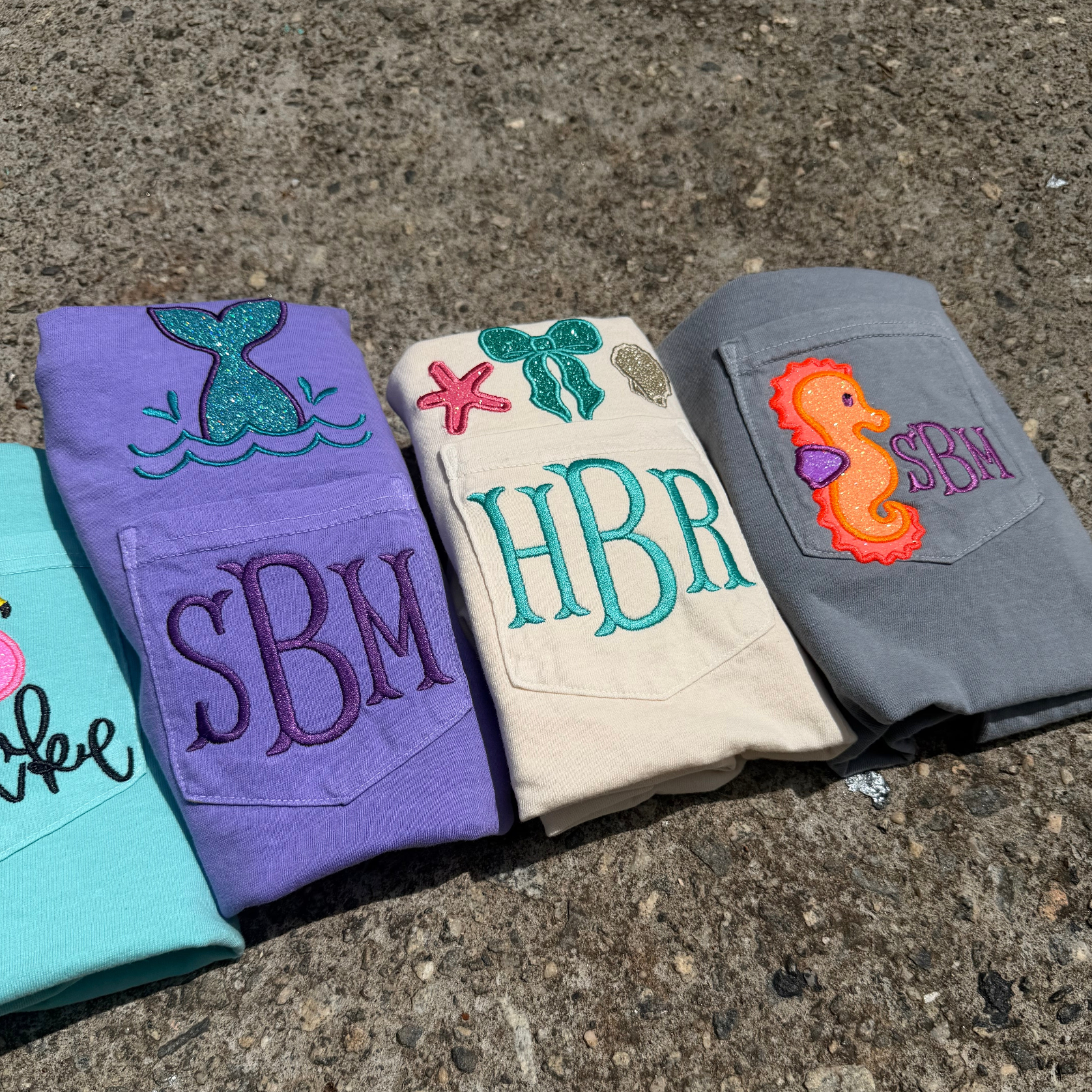 Personalized Coastal Monogram Pocket Tee | Comfort Colors Pocket Shirt | Beach Embroidered Initial T-Shirt