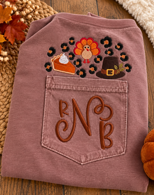Gobble & Gather | Embroidered Thanksgiving Monogram Pocket Tee