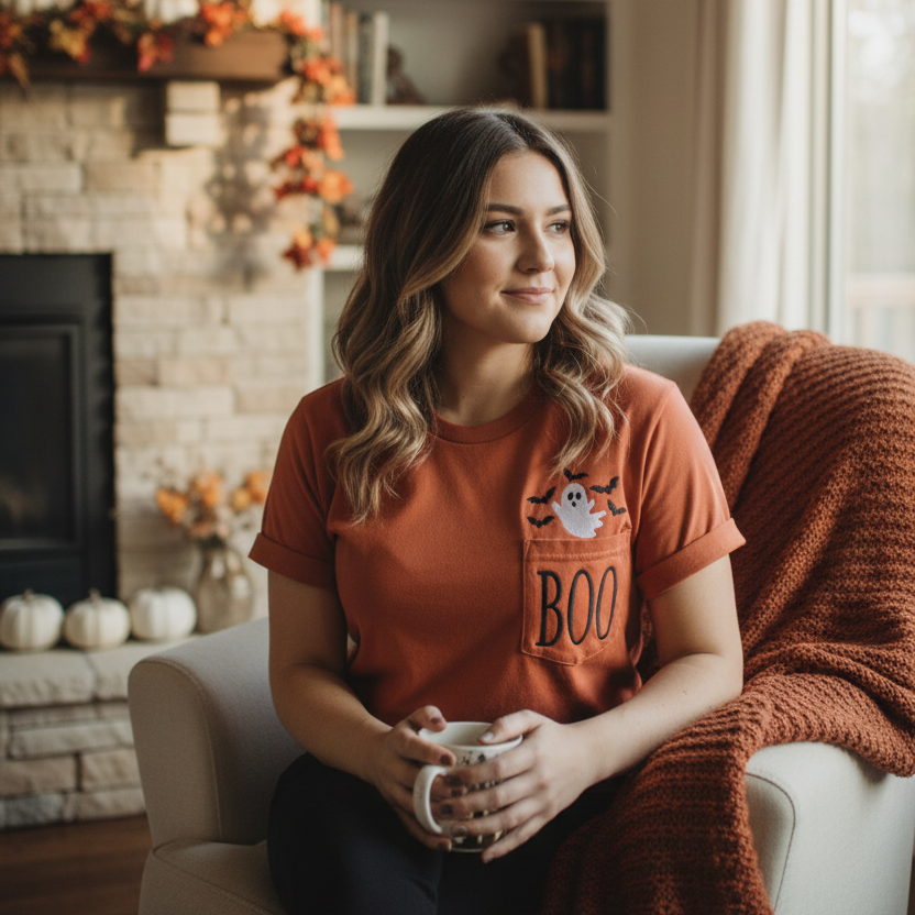 Woman sitting on a couch holding a mug in a cozy living room with Halloween-themed decor.