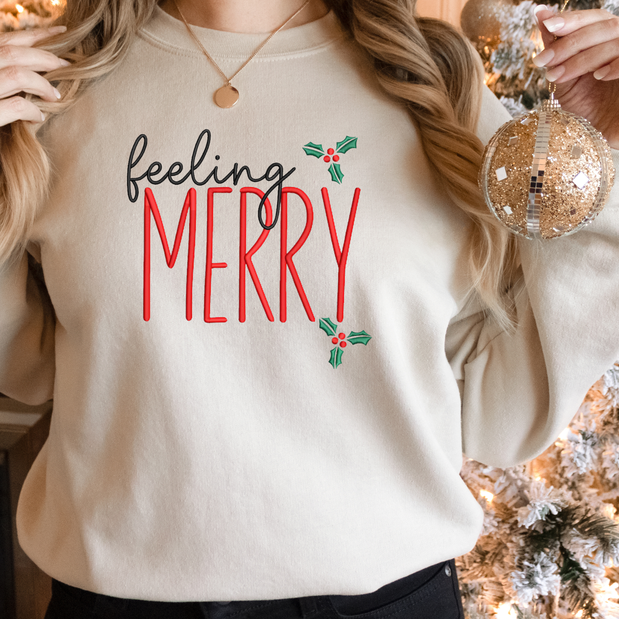 Feeling Merry Christmas Holiday Embroidered Shirt