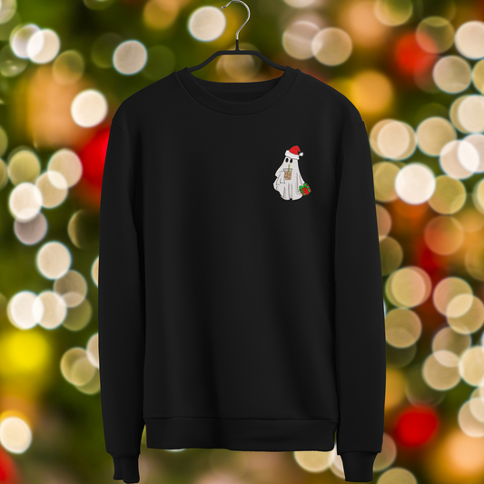 Santa Ghost with Present and Ice Coffee Embroidered Sweatshirt - 5 to 7 business day TAT