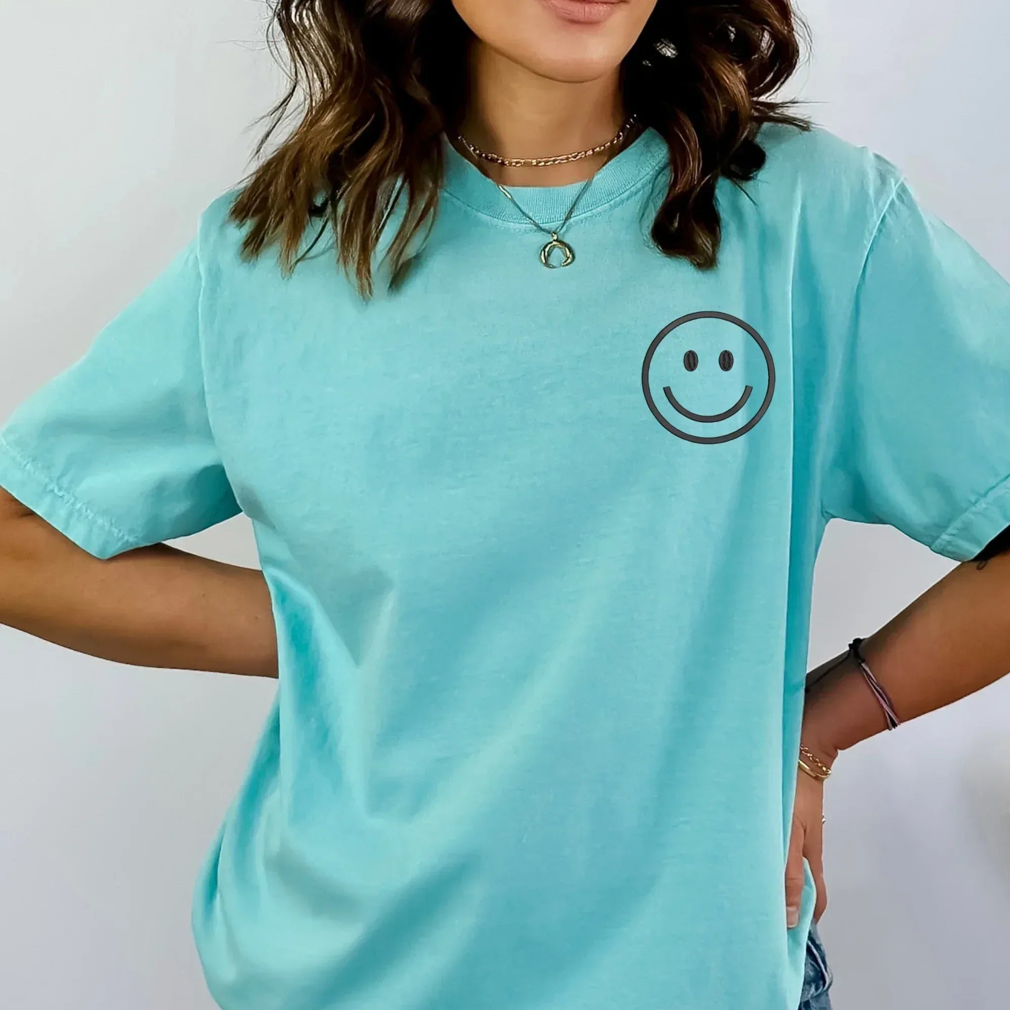 Happy Face Left Chest Embroidered Comfort Color | QUICK SHIP - Merch Girls