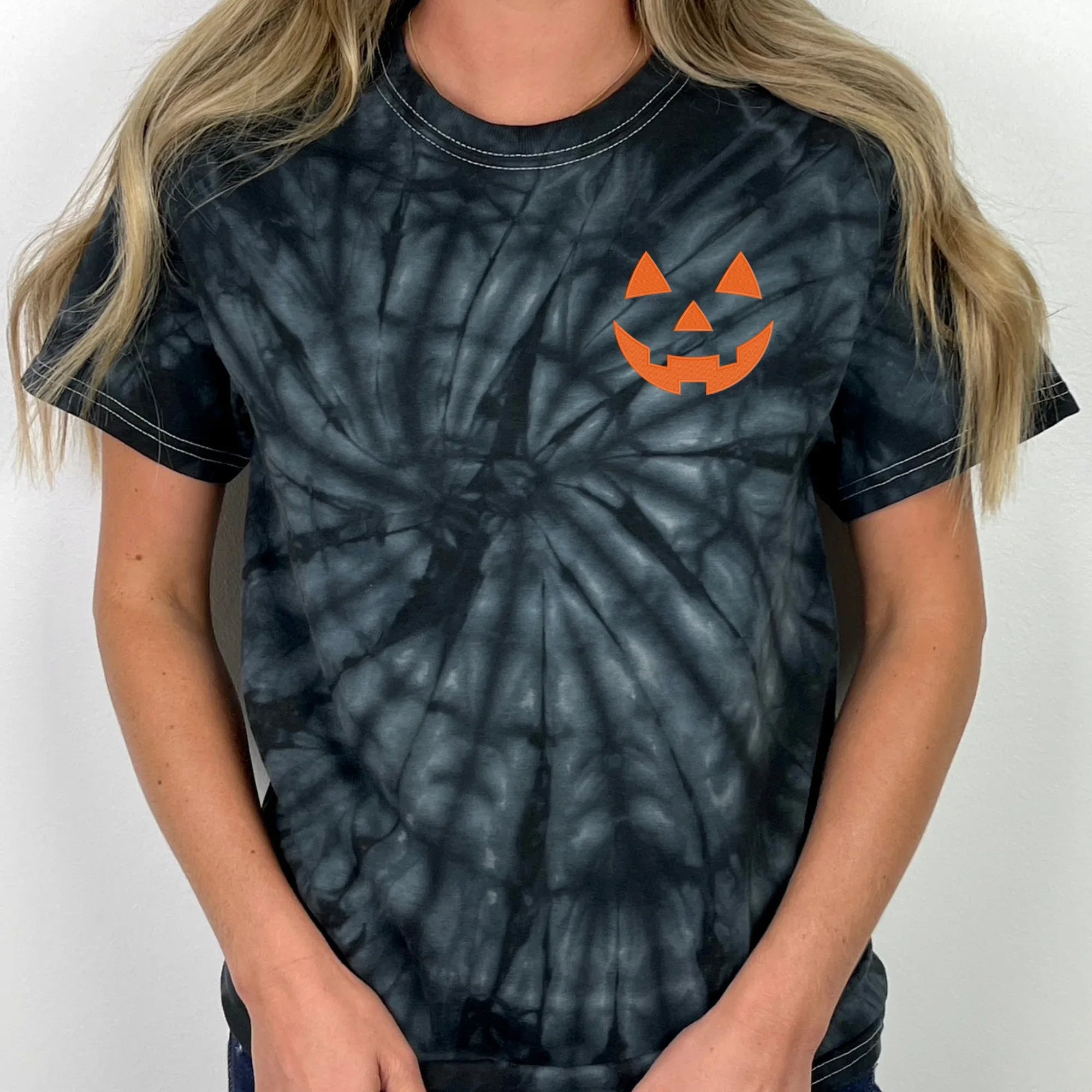 Pumpkin Face Left Chest Embroidered Tie Dye T-Shirt - QUICK SHIP - Merch Girls