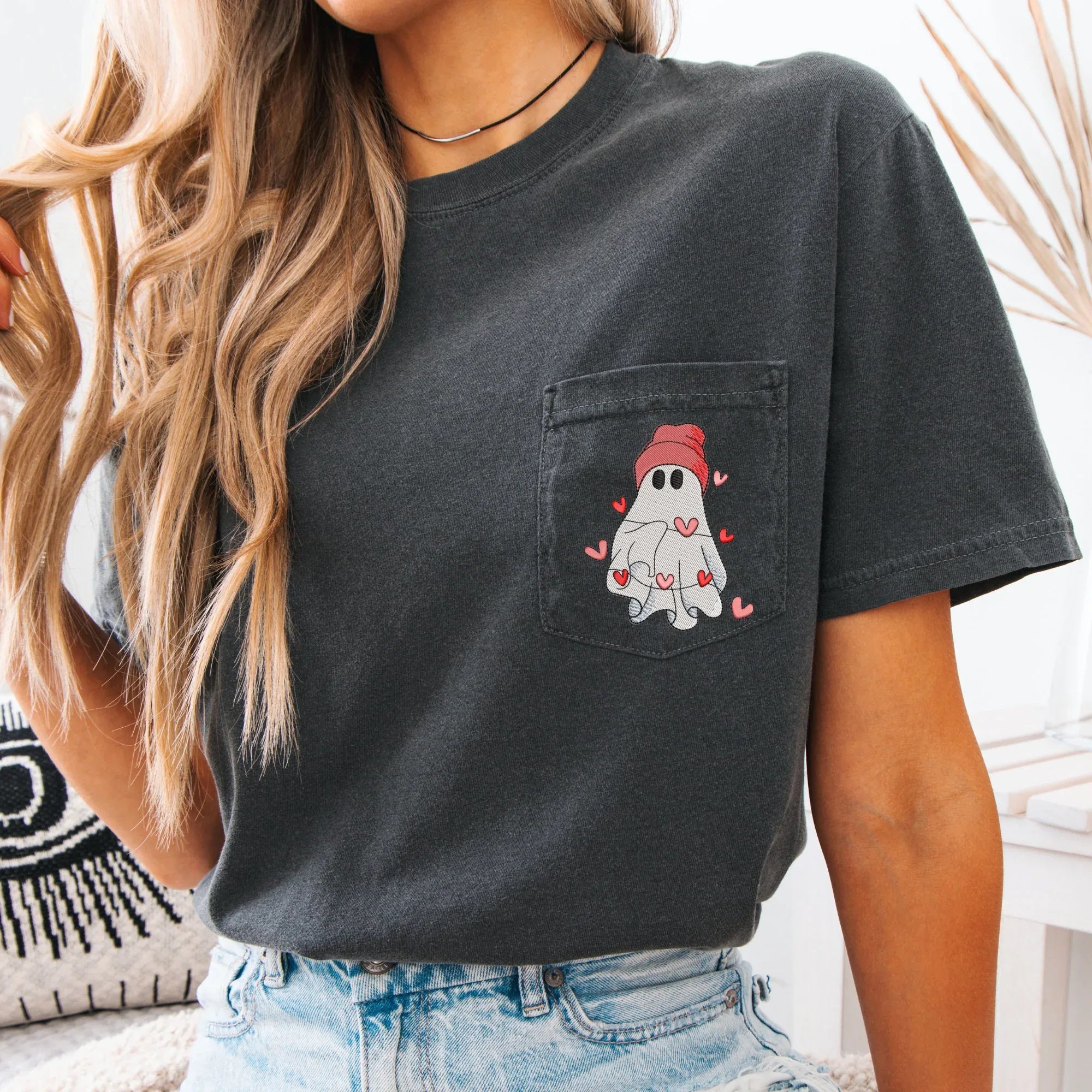 Valentine's Day Ghost Embroidered Pocket Tee - Merch Girls