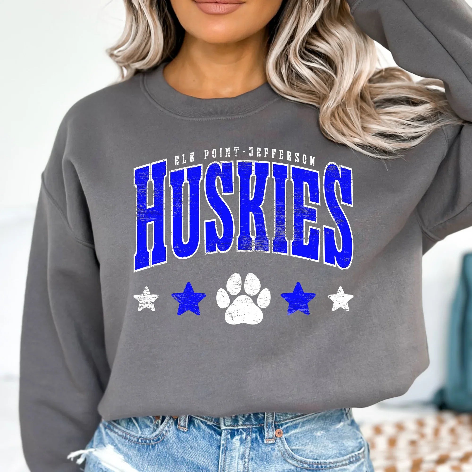 Elk Point-Jefferson Huskies Distressed Stars DTF Transfer - Merch Girls