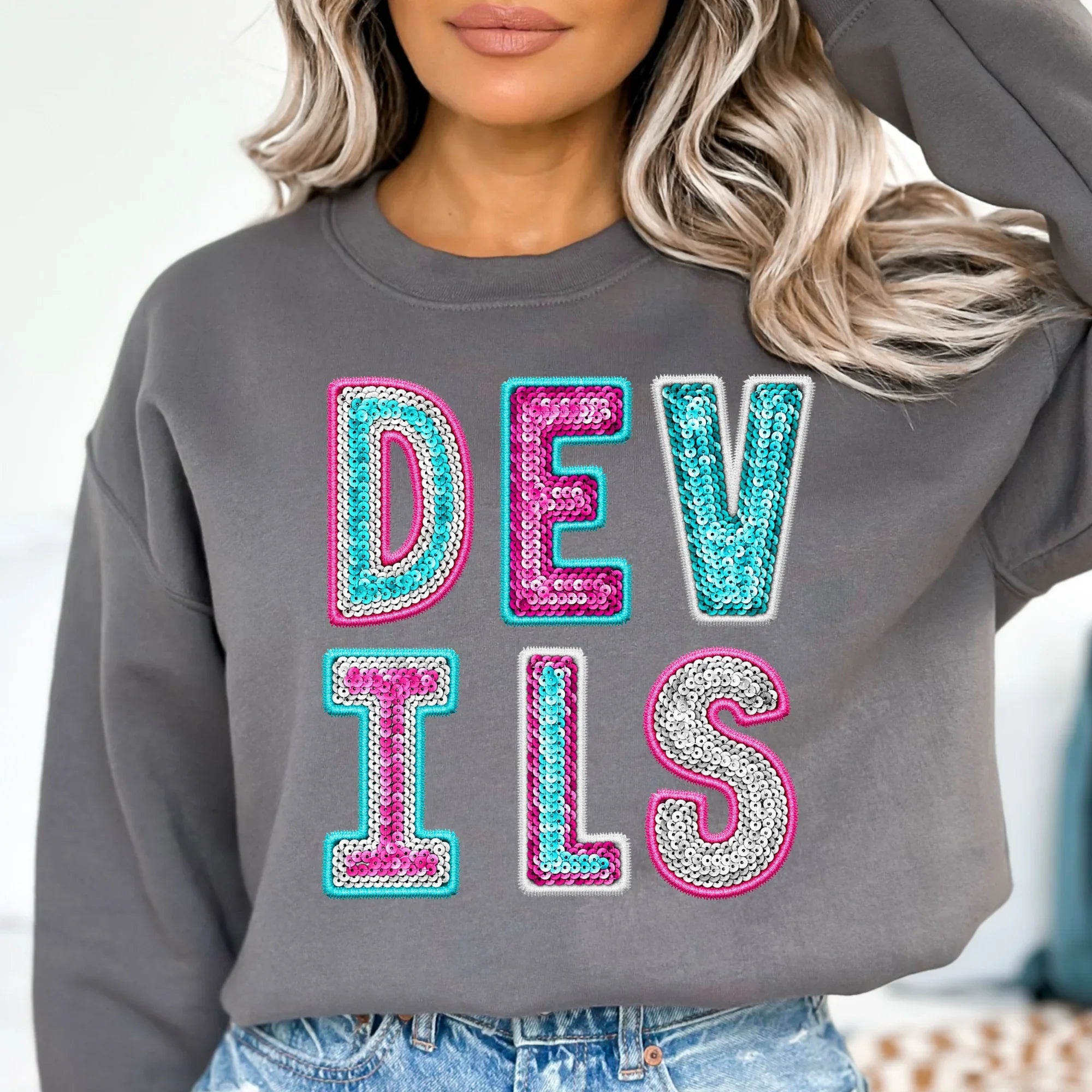 Devils Faux Sequin DTF Transfer - Merch Girls