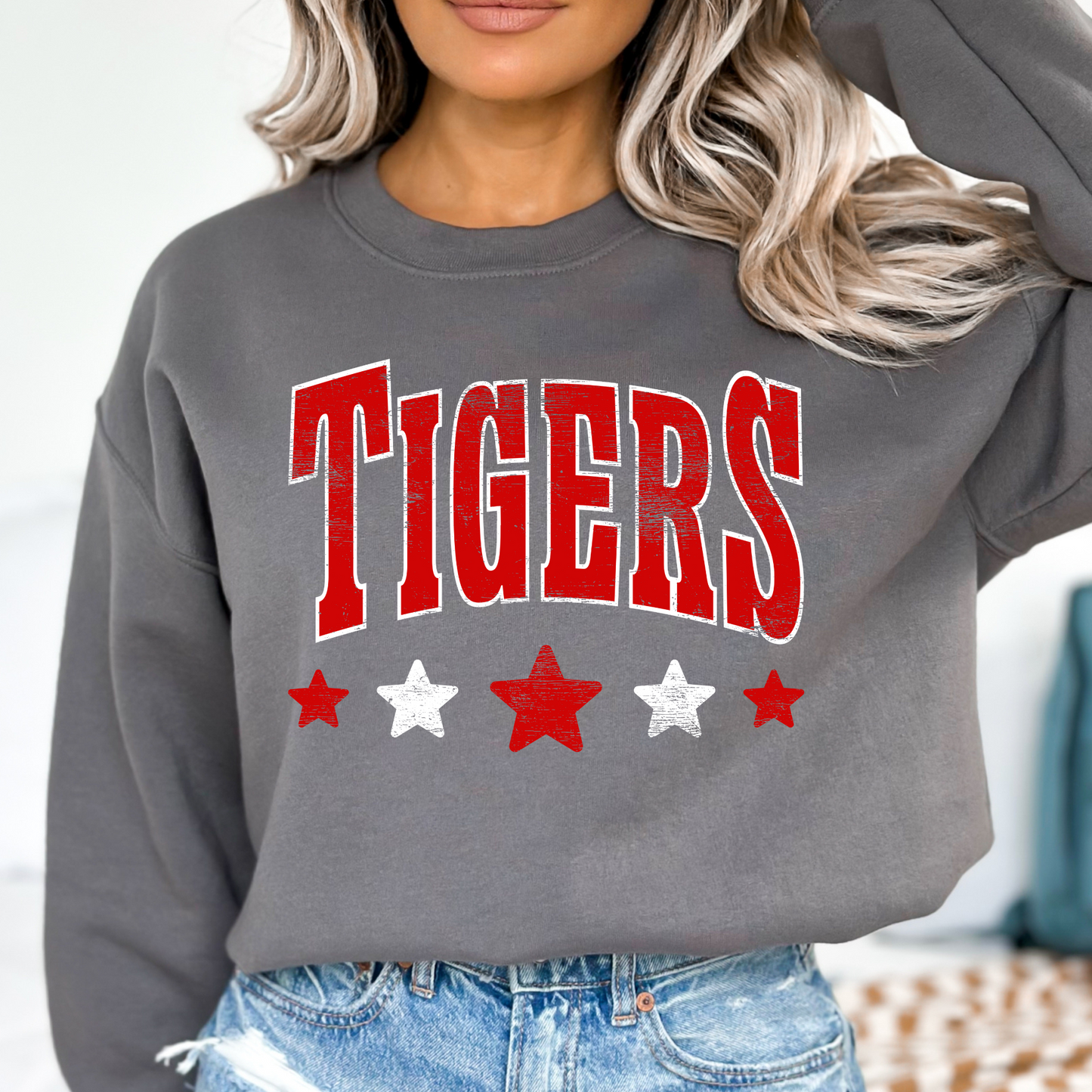 Tigers Red Distressed Stars DTF Transfer