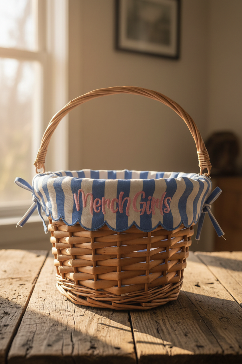 Wicker basket with striped fabric liner on a wooden surface