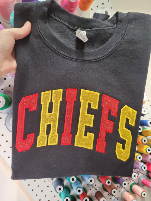 Varsity Two Color Glitter Applique with Name and Icon on Sleeve Embroidered CC Short Sleeve or Sweatshirt - Merch Girls