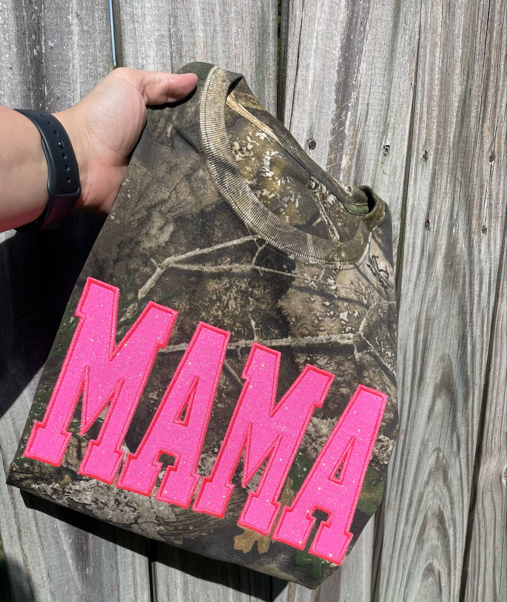Realtree Camo Neon Pink Mama Glitter Applique Embroidered T-Shirt