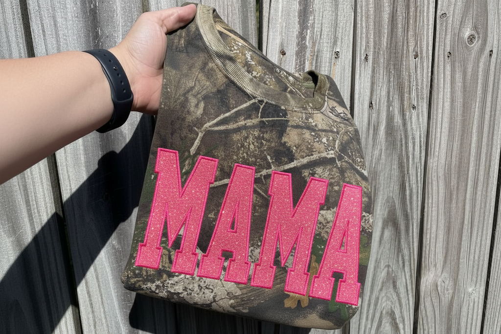 Neon Pink Mama Glitter Applique Embroidered Realtree Camo T-Shirt | Unisex Fit