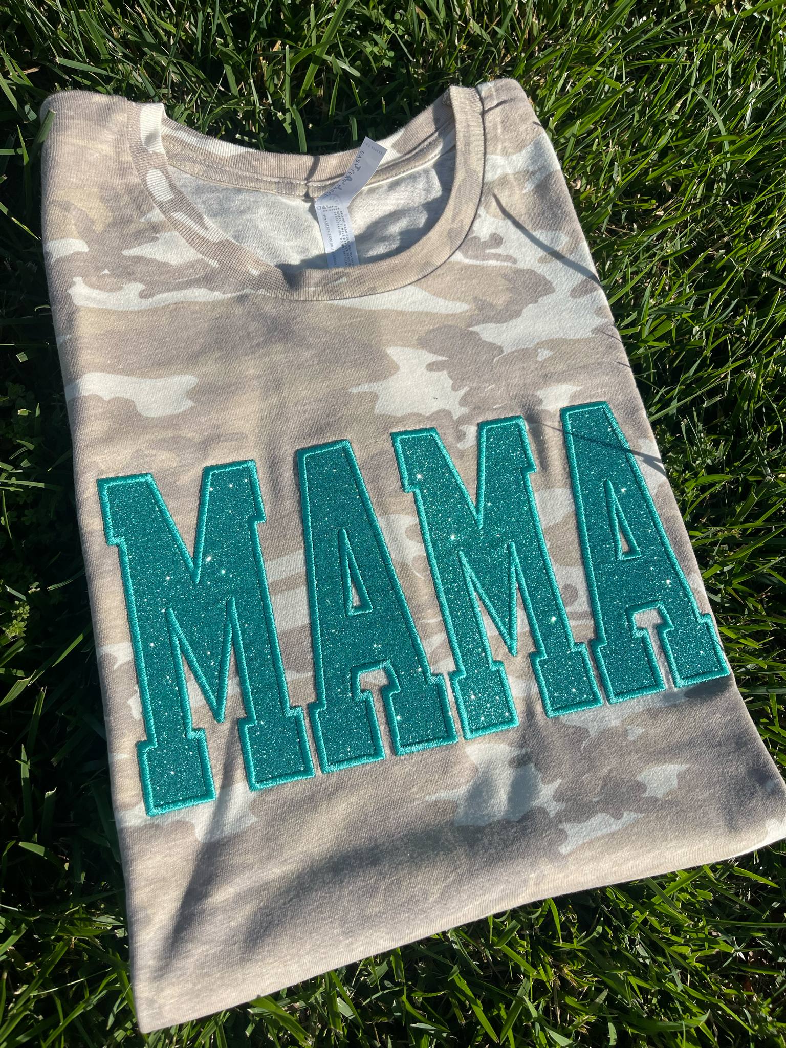 Natural or Vintage Camo Custom Mama or Mascot Glitter Applique Embroidered Shirt