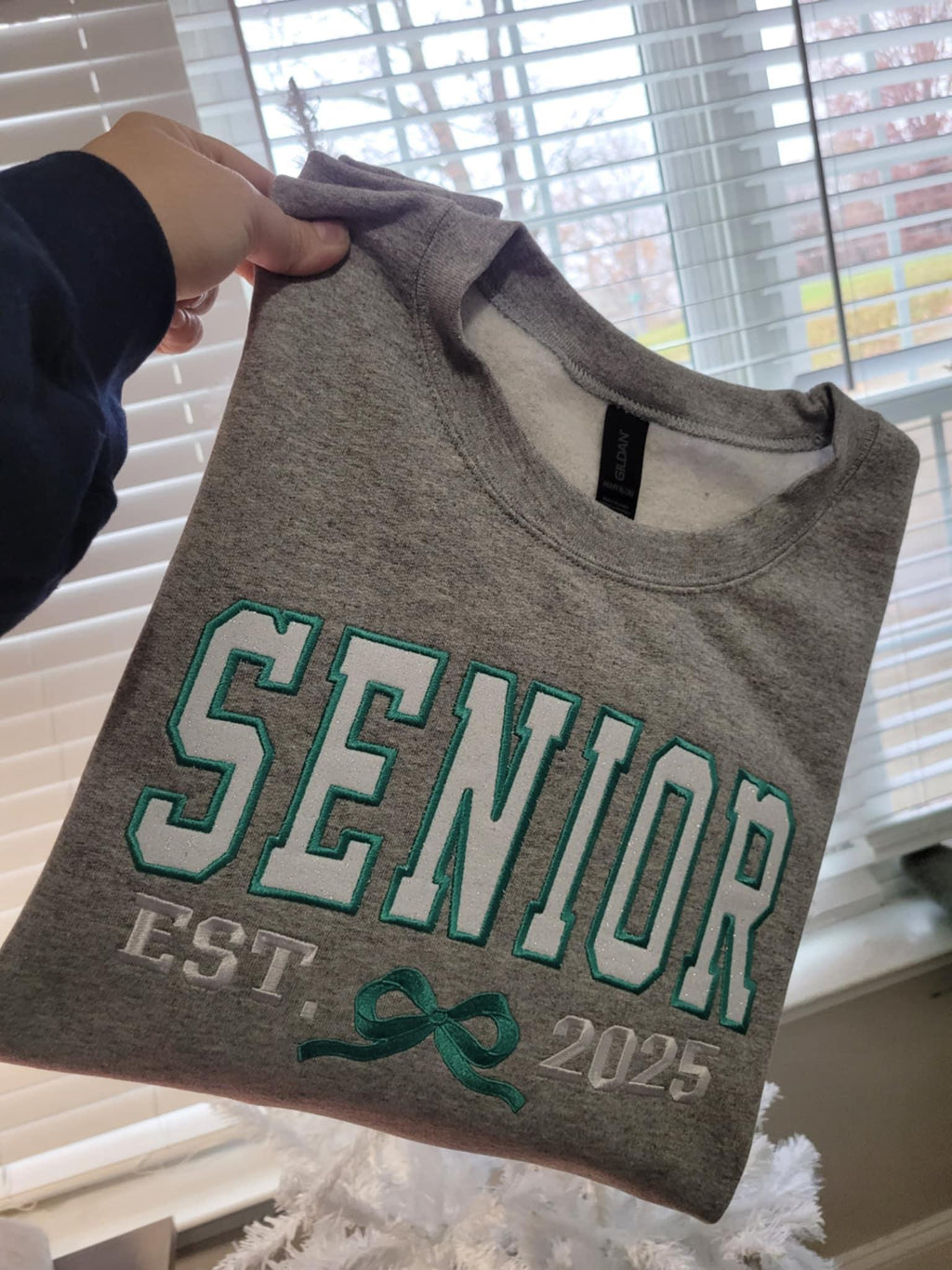 Custom Senior Established Year Coquette Bow Varsity Glitter Applique Embroidered Shirt - Merch Girls