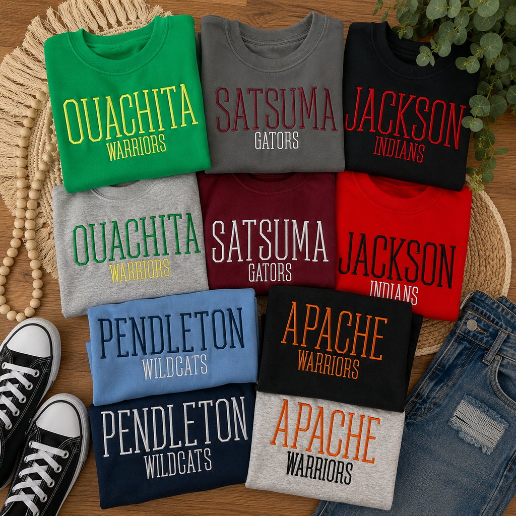 A flat-lay display of eight folded graphic t-shirts in various colors, arranged on a woven mat with decorative props like sneakers, jeans, and a plant. The shirts feature team names like 'OUACHITA WARRIORS', 'SATSUMA GATORS', 'JACKSON INDIANS', 'PENDLETON WILDCATS', and 'APACHE WARRIORS' printed in bold varsity lettering.