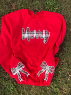 Merry Plaid Fabric Applique with Optional Side Bows Christmas Holiday Embroidered Sweatshirt - Merch Girls
