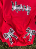 Merry Plaid Fabric Applique with Optional Side Bows Christmas Holiday Embroidered Sweatshirt - Merch Girls