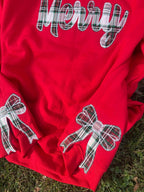 Merry Plaid Fabric Applique with Optional Side Bows Christmas Holiday Embroidered Sweatshirt - Merch Girls