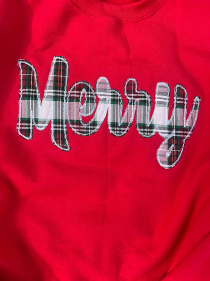 Merry Plaid Fabric Applique with Optional Side Bows Christmas Holiday Embroidered Sweatshirt