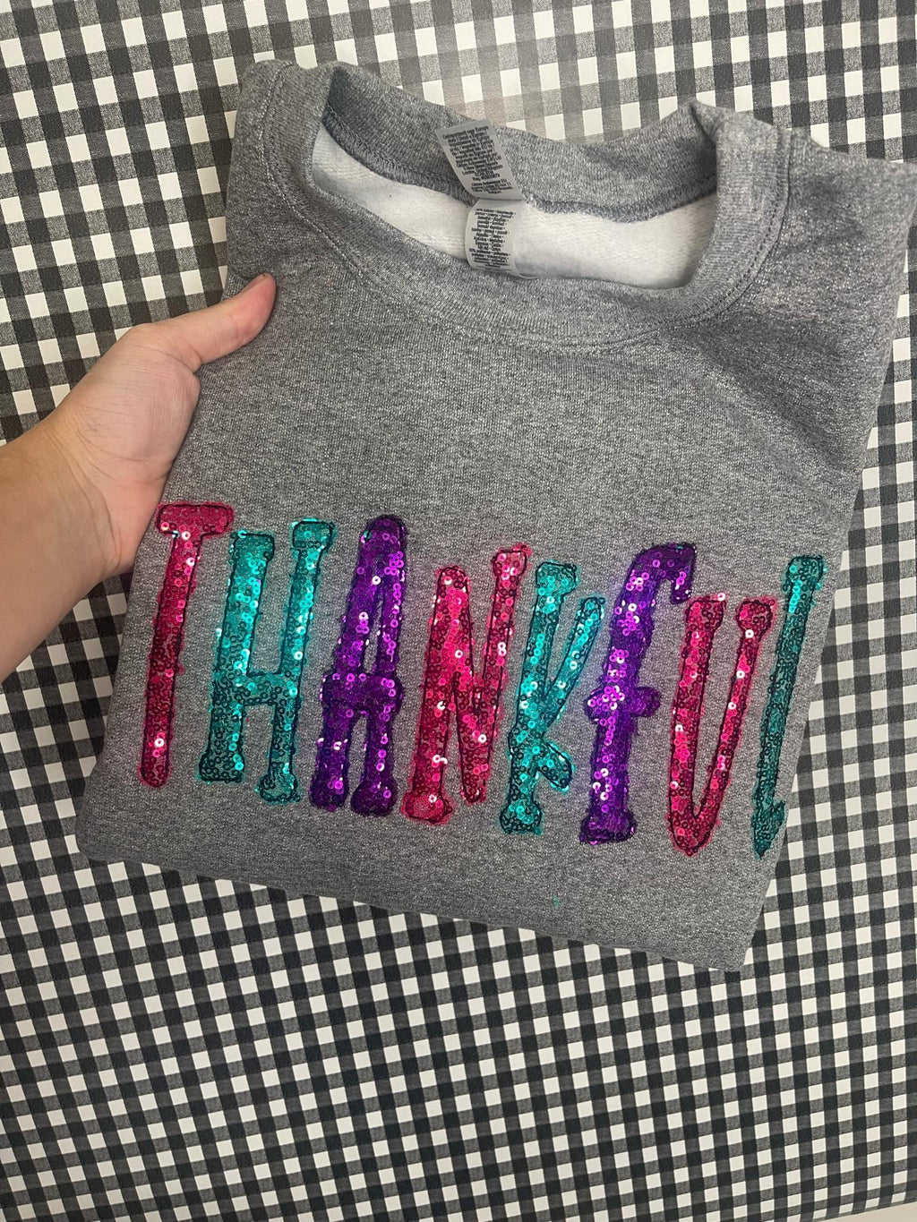 Thankful Colorful Sequin Applique Embroidered Shirt - Merch Girls
