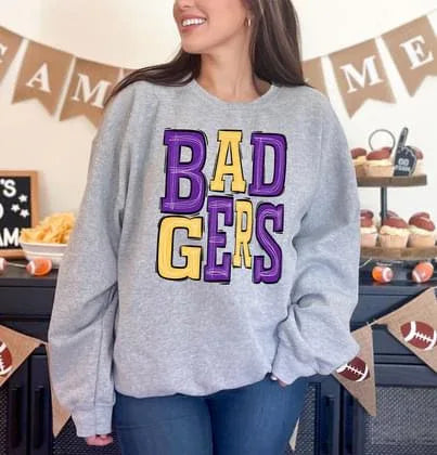 Badgers Purple and Yellow Sporty Varsity Doodle DTF Transfer - Merch Girls