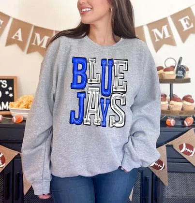 Bluejays Blue Jays Royal Blue and White Sporty Varsity Doodle DTF Transfer - Merch Girls
