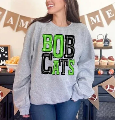 Bobcats Neon Green and Black Sporty Varsity Doodle DTF Transfer - Merch Girls