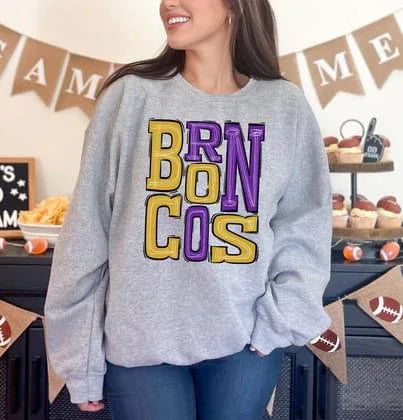 Broncos Purple and Yellow Gold Sporty Varsity Doodle DTF Transfer - Merch Girls