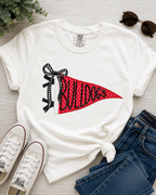White t-shirt with 'Bulldogs' design, paired with jeans and sneakers on a light wooden surface.