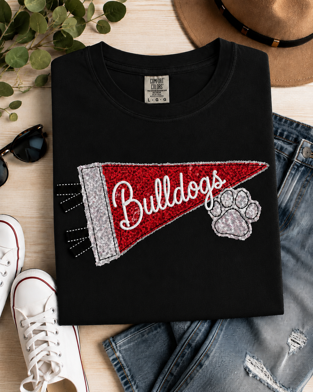 Personalized Sequin Pennant Mascot Embroidered T-Shirt | Paw Accent