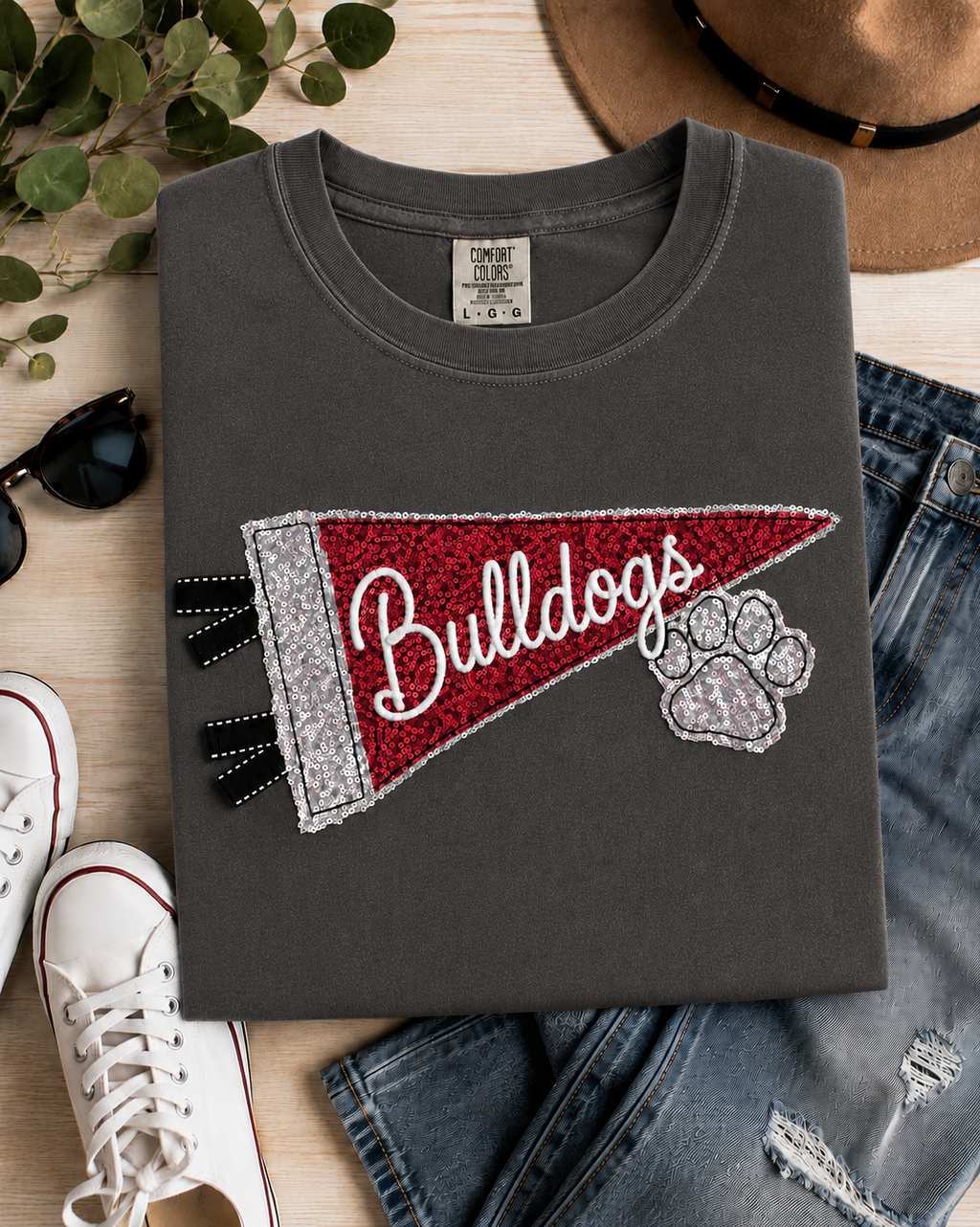 Personalized Sequin Pennant Mascot Embroidered T-Shirt | Paw Accent