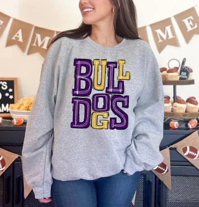 Bulldogs Purple and Yellow Gold Sporty Varsity Doodle DTF Transfer - Merch Girls