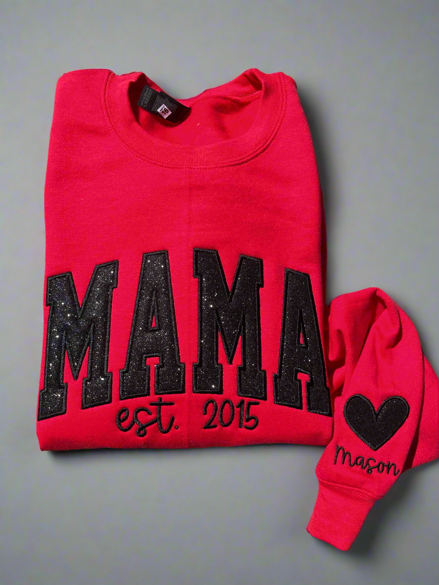 Personalized Custom Varsity Glitter Applique with September Script Font and Icon on Sleeve Embroidered Shirt