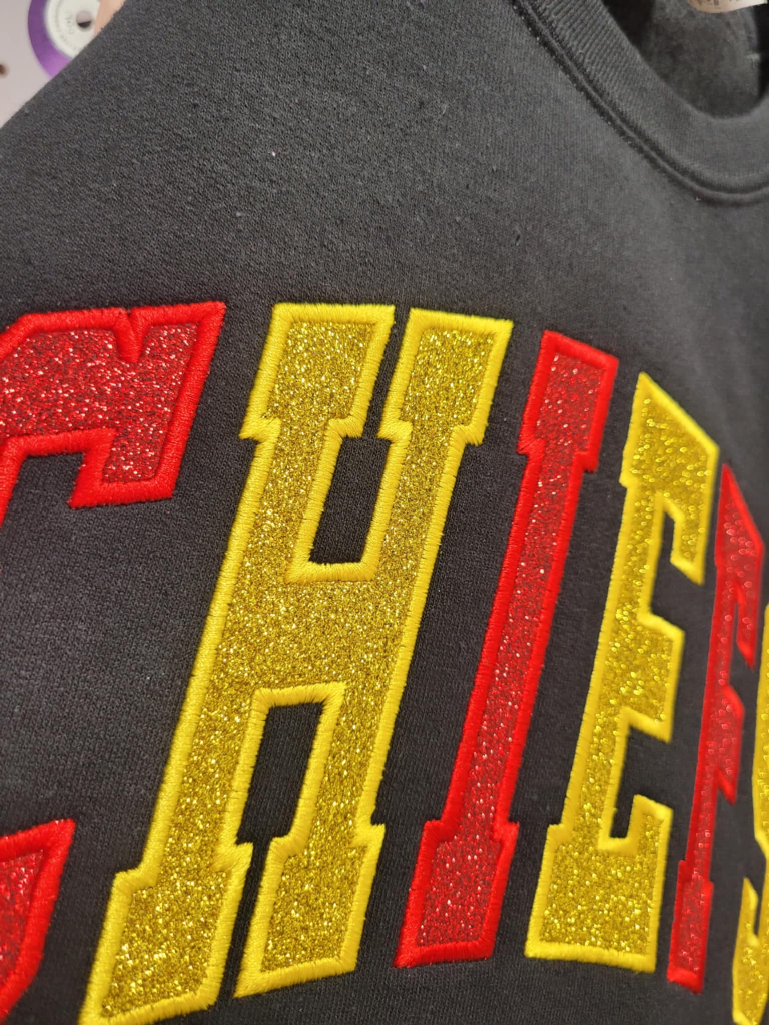 Varsity Two Color Glitter Applique with Name and Icon on Sleeve Embroidered CC Short Sleeve or Sweatshirt