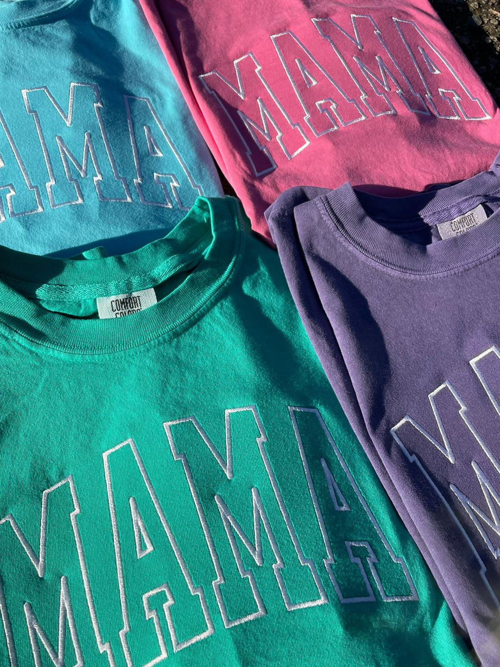 Mama Varsity Style Embroidered Comfort Color T-Shirt | QUICK SHIP