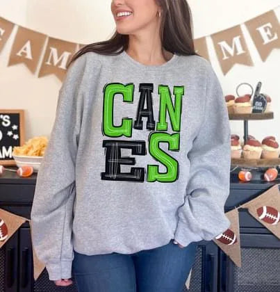 Canes Neon Green and Black Sporty Varsity Doodle DTF Transfer - Merch Girls