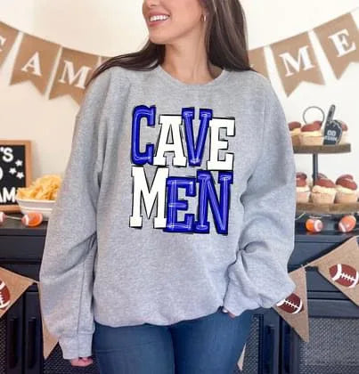Cavemen Royal Blue and White Sporty Varsity Doodle DTF Transfer - Merch Girls