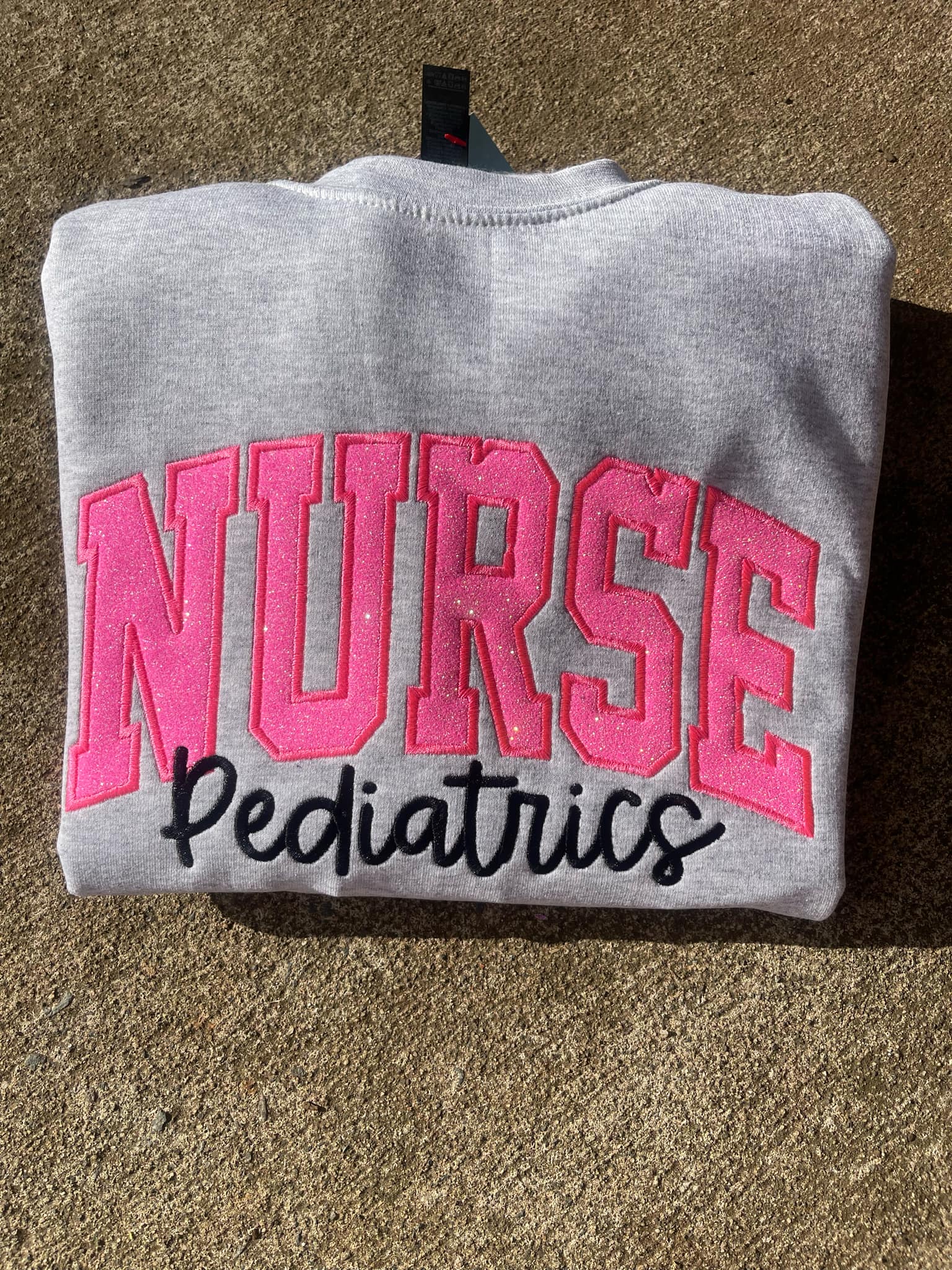 Personalized Custom Varsity Glitter Applique with September Script Font and Icon on Sleeve Embroidered Shirt