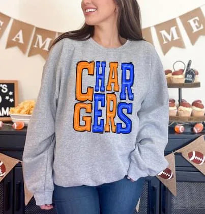 Chargers Orange and Royal Blue Sporty Varsity Doodle DTF Transfer - Merch Girls