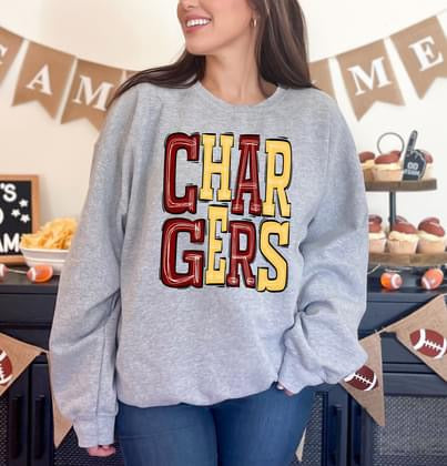 Chargers Burgundy and Yellow Gold Sporty Varsity Doodle DTF Transfer