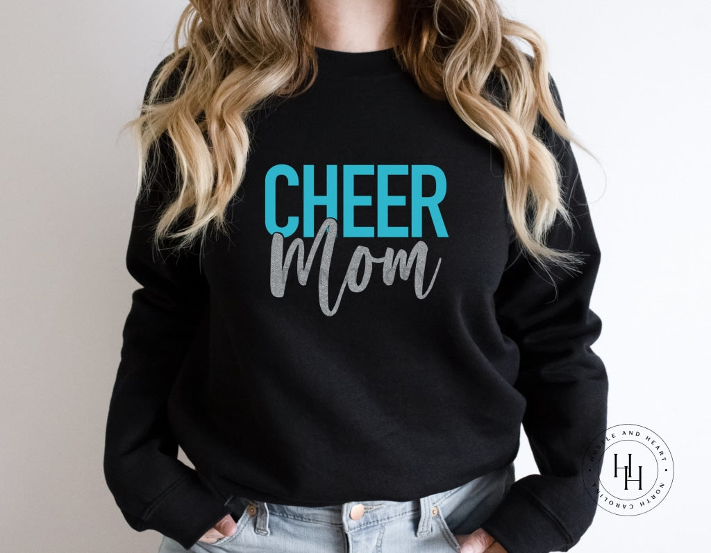 Cheer Mom Bright Blue/Hot Pink and Silver Faux Glitter Graphic Tee