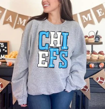Chiefs Light Blue and White Sporty Varsity Doodle DTF Transfer - Merch Girls