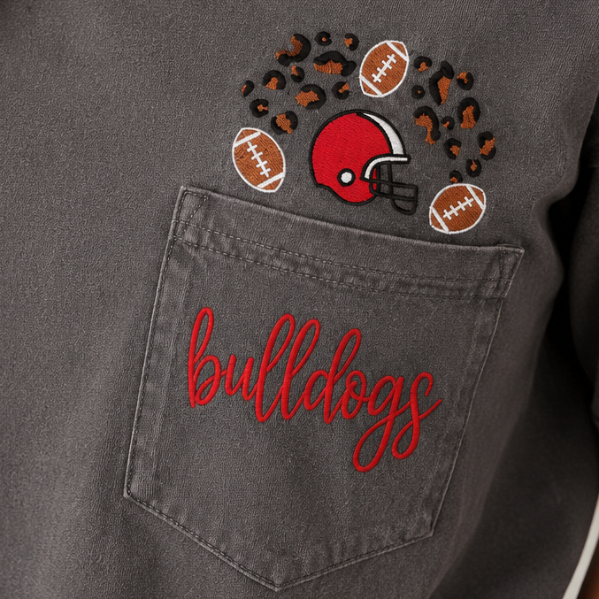 Leopard Football Helmet Embroidered Pocket Tee | Personalized Team Spirit Shirt