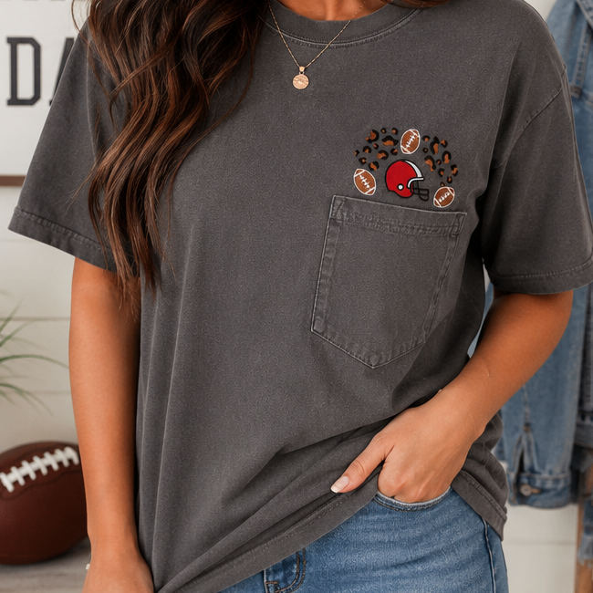 Leopard Football Helmet Embroidered Pocket Tee | Personalized Team Spirit Shirt