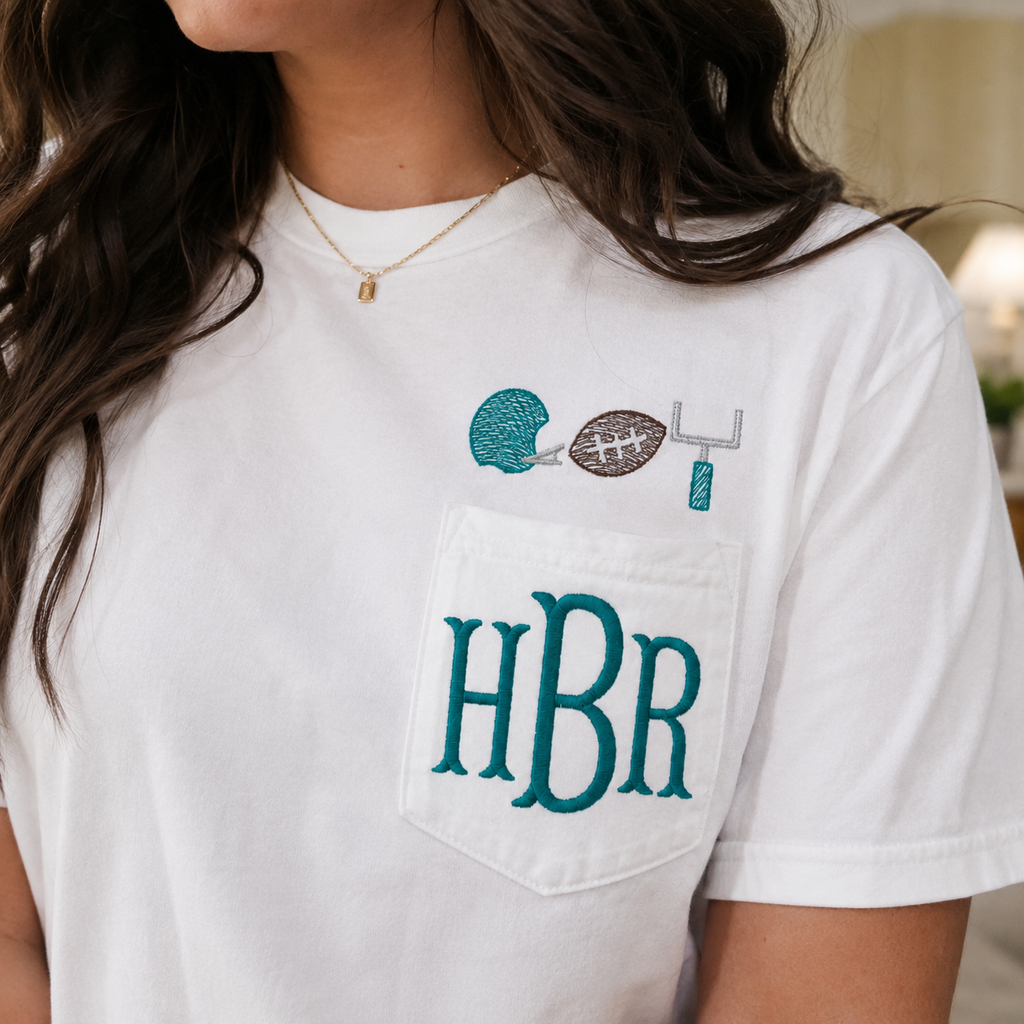 Custom Football Monogram Embroidered Pocket Tee