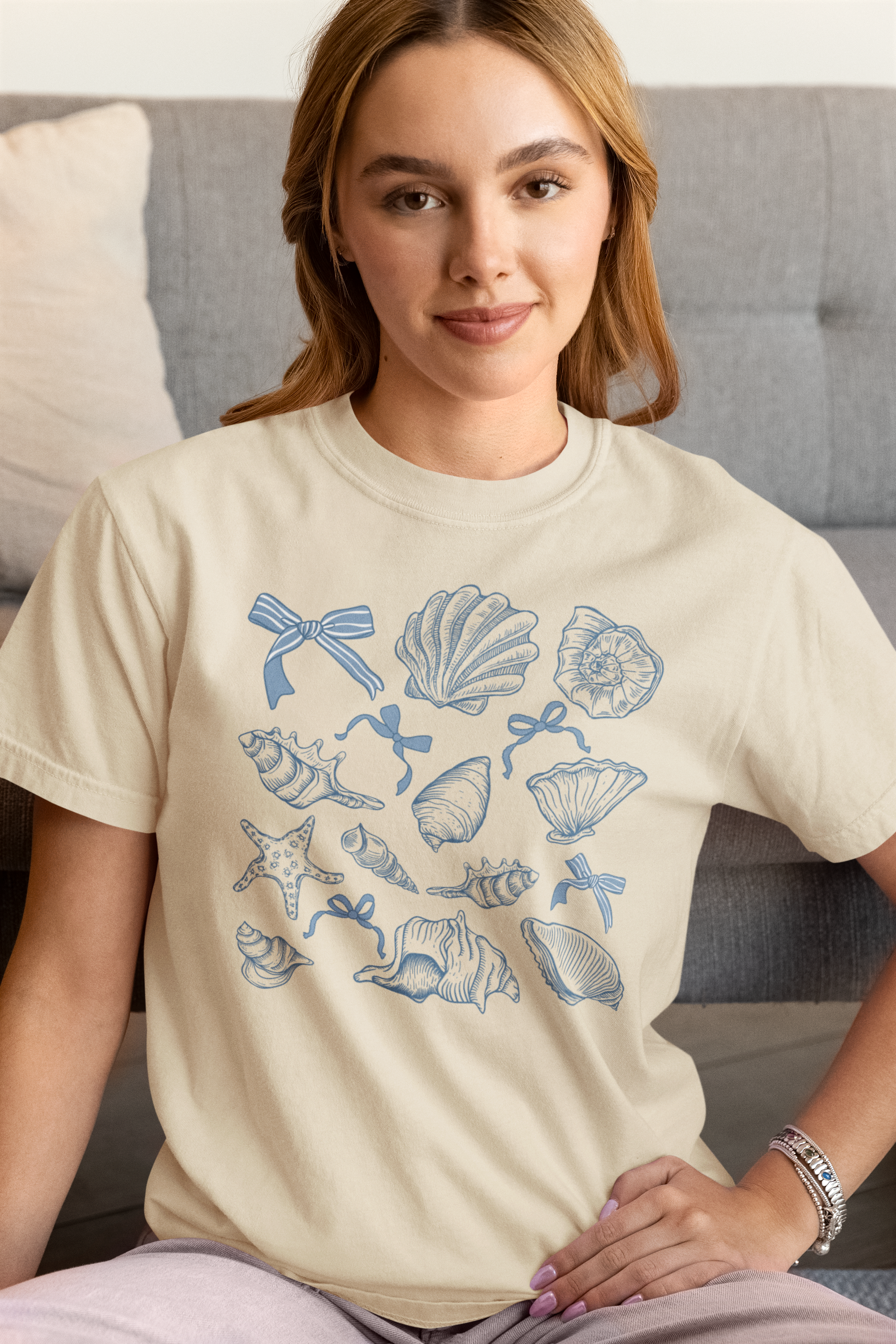 Blue Seashells and Bows Preppy Graphic Tee