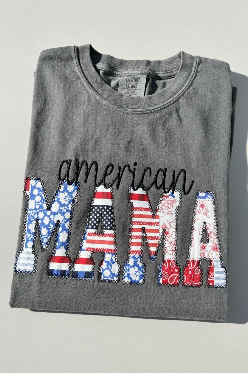 American Mama Custom Patriotic Embroidered Name Shirt with Patchwork Applique Letters