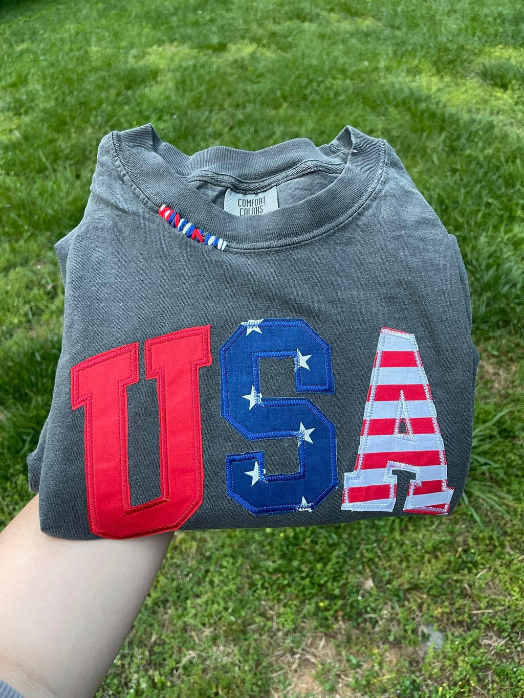 USA Red White and Blue Applique Embroidered Comfort Color Shirt - Merch Girls